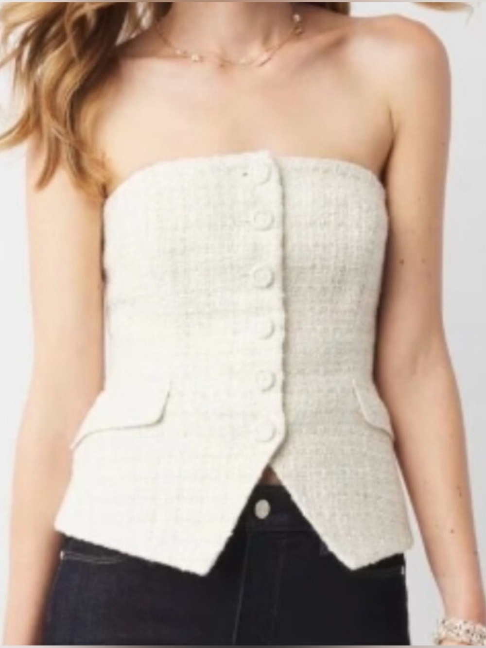White House Black Market Cream Strapless Button-Front Tweed Top